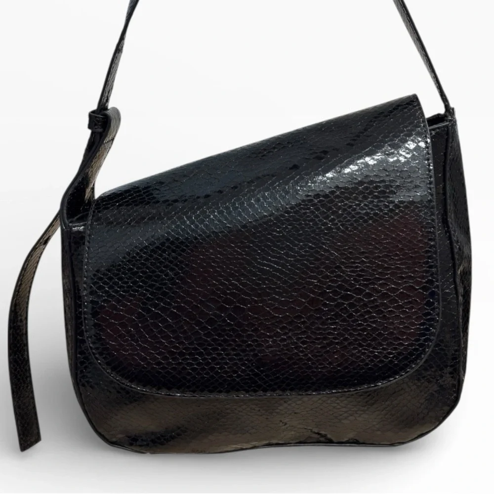 Topshop Black Croc Embossed Sara Shoulder Bag Faux Leather Chic Classic